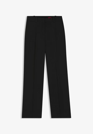 Pantalon formel noir à jambes droites avec passants pour ceinture, poches avant et ceinture plate à l'avant.