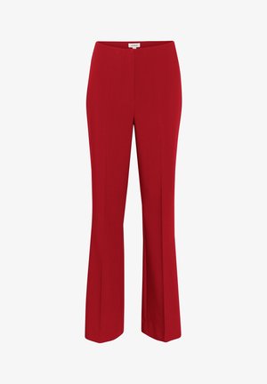 Czerwone spodnie z rozszerzaną nogawką o gładkiej teksturze i elastycznym pasie. Charakteryzują się prostą nogawką, średnim stanem i dopasowanymi szwami.