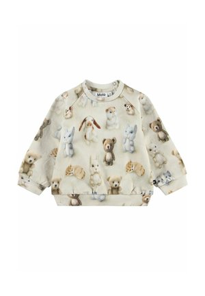 Sweat-shirt bébé couleur crème avec illustrations douces imprimées d'ours en peluche, lapins, chiots et chatons, col rond avec boutons pression.
