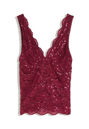 Haut sans manches en dentelle bordeaux orné de petites paillettes brillantes et d'un ourlet festonné, avec un décolleté en V profond.