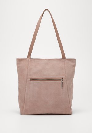 Blush pink ruskind shopper taske med lange håndtag og en front lynlåslomme med sølv træk.