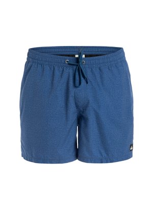 Modré plavky vyrobené z textúrovanej látky, s elastickým pásom na šnúrku a značkovou etikettou na dolnej ľavej strane.