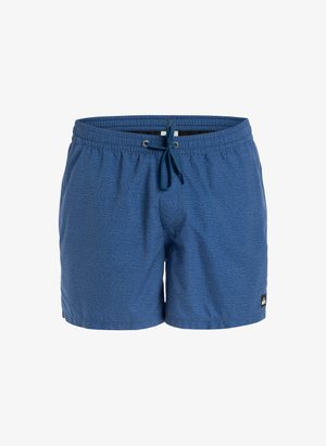 Modré plavky vyrobené z textúrovanej látky, s elastickým pásom na šnúrku a značkovou etikettou na dolnej ľavej strane.