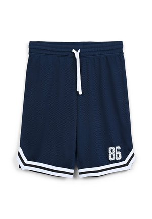Pantaloni corti in rete navy con vita elastica e coulisse bianca, caratterizzati da strisce bianche e nere a contrasto all'orlo e dettagli stampati "86".