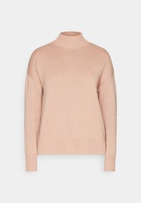 Helles rosa gestricktes Sweatshirt mit hohem Kragen, langen Ärmeln und gerippten Bündchen und Saum. Weiche Textur und lockere Passform.