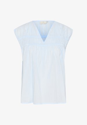 Svijetloplava bluzica kratkih rukava s V-izrezom, nabranom elastičnom detalj pod grudima i na sokovima rukava, slobodnog kroja i oznakom branda unutar ovratnika.