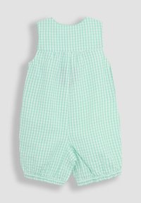 Monos de cuadros en verde menta con un escote ondulado, diseño sin mangas y cintura fruncida. Presenta orificios de pierna elásticos para mayor comodidad.
