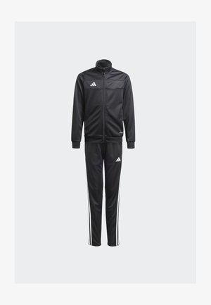 Black tracksuit made of smooth fabric. Jacket features a full zipper with high collar, white stripes on sleeves. Pants have elastic cuffs and stripes.