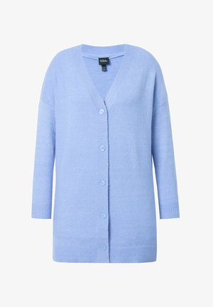 Cárdigan de color azul claro con escote en V, cuello y puños acanalados, y seis botones a juego en el frente. Textura suave y corte relajado.