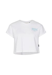 White cropped t-shirt made of cotton, features rolled short sleeves and a blue embroidered "NASSAU BEACH CLUB Ibiza" logo on the front.