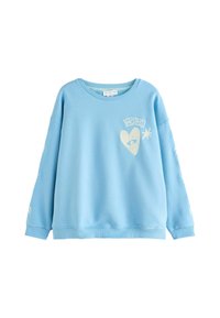 Lichtblauwe sweatshirt met een ronde halslijn, drop shoulders en lange mouwen. Bevat witte graphics: hart, oog en de tekst "HOPE". Zacht materiaal.