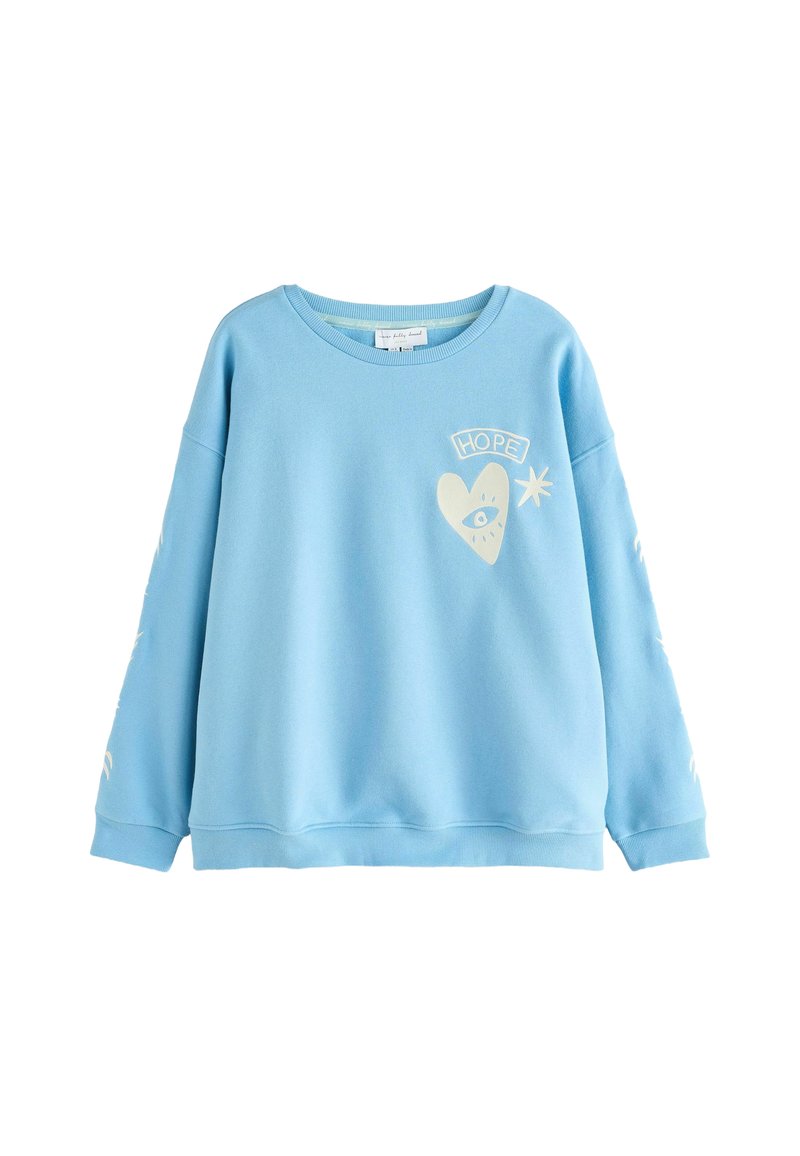 Lichtblauwe sweatshirt met een ronde halslijn, drop shoulders en lange mouwen. Bevat witte graphics: hart, oog en de tekst "HOPE". Zacht materiaal.
