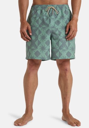 Zwemshorts voor heren in lichtgroen met een geometrisch patroon en donkergroene accenten. Elastische tailleband met een trekkoord.