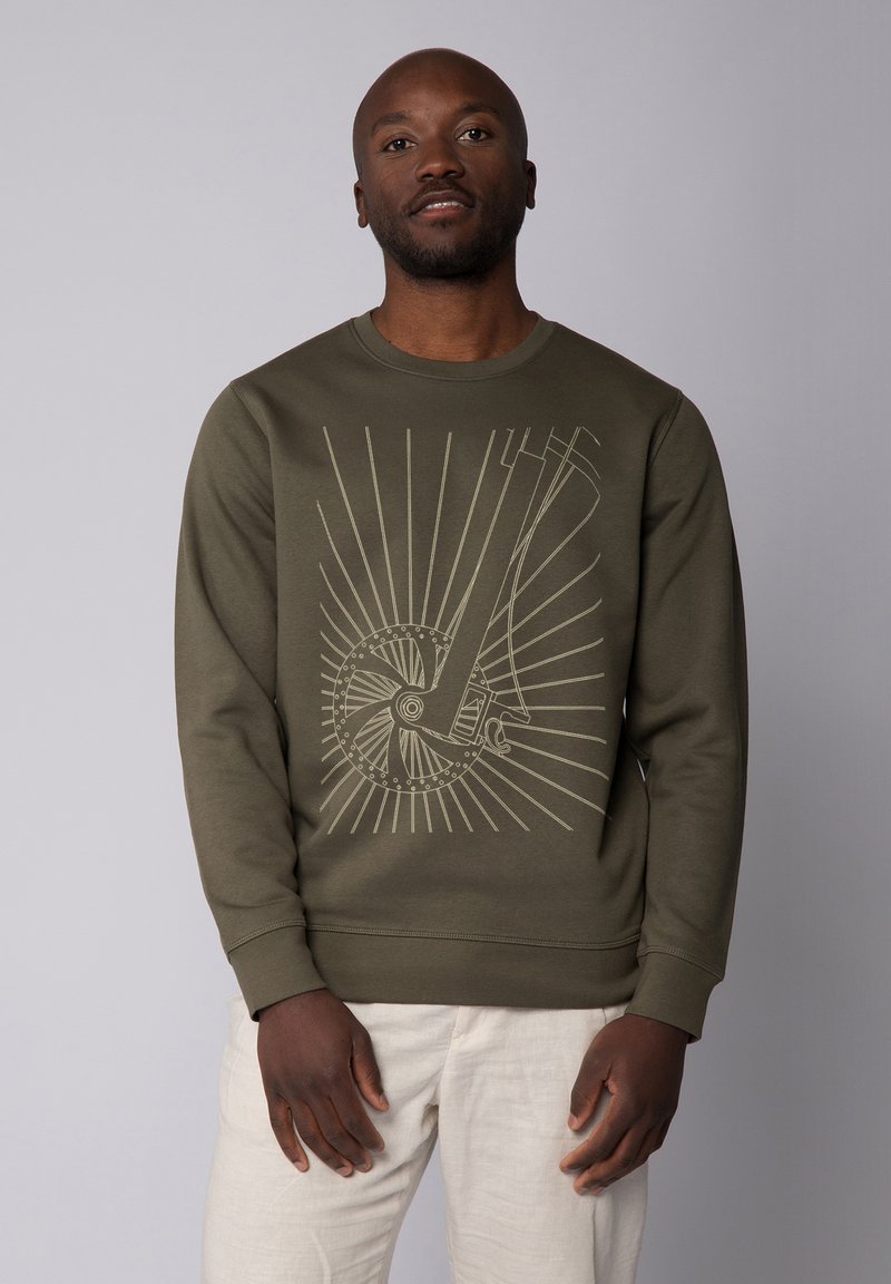 Olijfgroen sweatshirt met een grafisch ontwerp van een fietswiel en spaken in lichtbeige, met een ronde halslijn en ribgebreide manchetten.