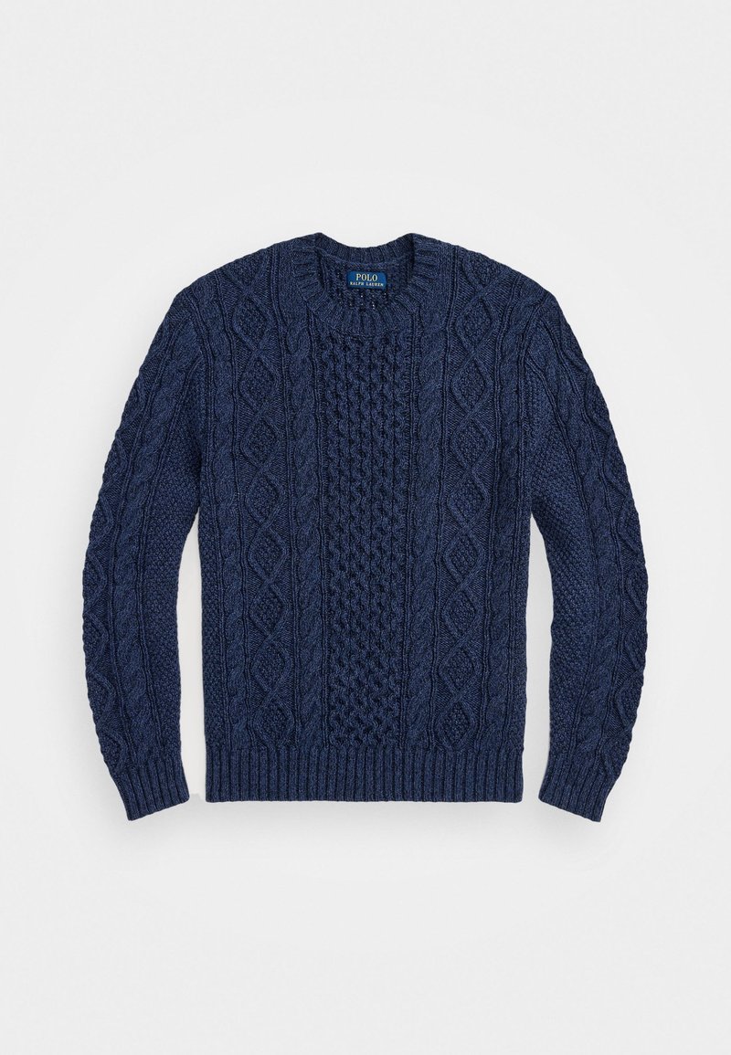 Pull à col rond en maille torsadée bleu marine de Polo Ralph Lauren avec motifs texturés en losange et tresse, poignets et ourlet côtelés.