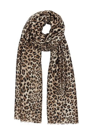 Leopardenmuster-Schal in Beige- und Brauntönen, aus weichem Stoff, mit fransigem Rand und leichtem, drapierter Gestaltung.