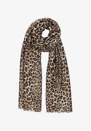 Leopard print scarf in beige and brown tones, made of soft fabric, featuring a fringed edge and a lightweight, draped design.