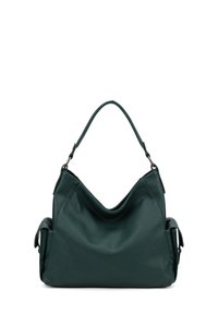 Borsa a tracolla in pelle verde scuro con un design morbido e sfilacciato. Presenta una sola tracolla e tasche laterali con accenti metallici.