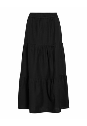 Jupe midi noire avec taille élastique et panneaux de tissu froncés en couches, créant une silhouette fluide et superposée.