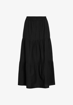 Jupe midi noire avec taille élastique et panneaux de tissu froncés en couches, créant une silhouette fluide et superposée.