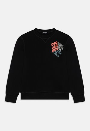 Schwarzer Langarm-Sweatshirt mit buntem, geometrischem Schriftzug "DSQUARED2 SPORT EDTN. 08 WE HAVE NO LIMITS" auf der oberen linken Brust
