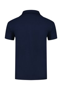 Dark blue short-sleeve polo shirt shown from the back with a flat collar on a white background.