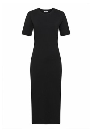 Black midi dress with short sleeves, round neckline, and fitted waist, displayed on a white background.