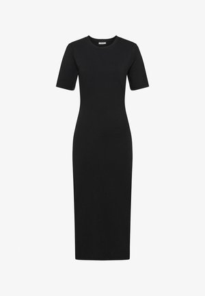 Black midi dress with short sleeves, round neckline, and fitted waist, displayed on a white background.