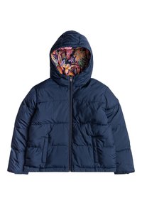 Giacca imbottita blu navy con cappuccio, dotata di chiusura con zip e fodera a motivo floreale. Include due tasche laterali e texture trapuntata.
