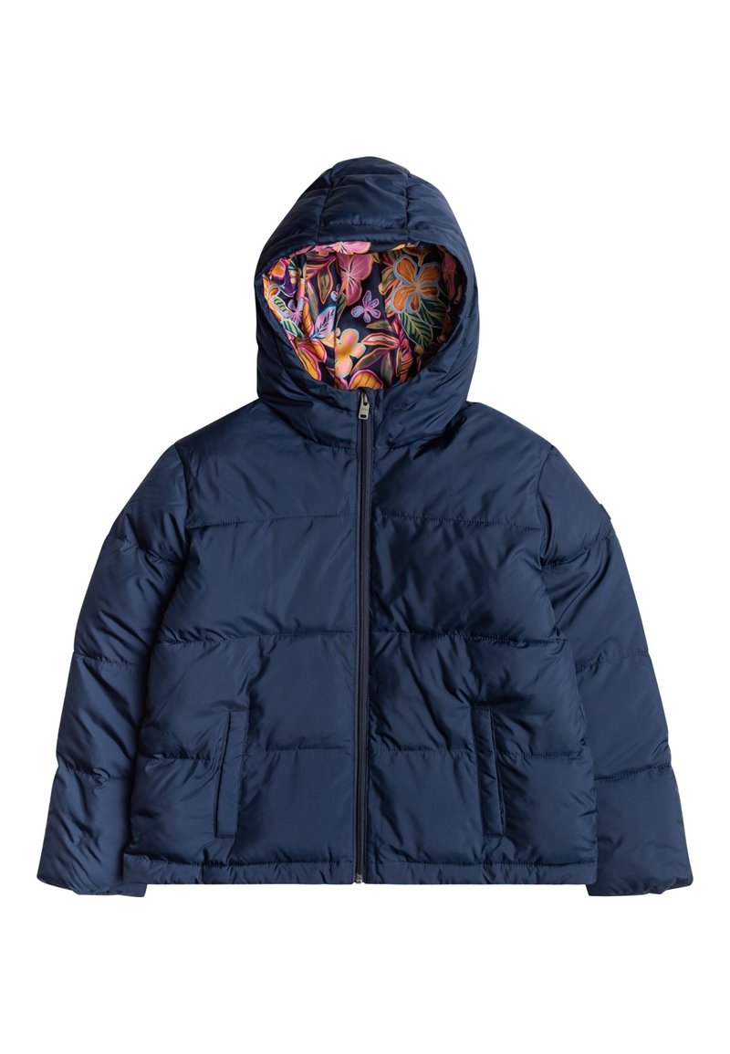 Giacca imbottita blu navy con cappuccio, dotata di chiusura con zip e fodera a motivo floreale. Include due tasche laterali e texture trapuntata.