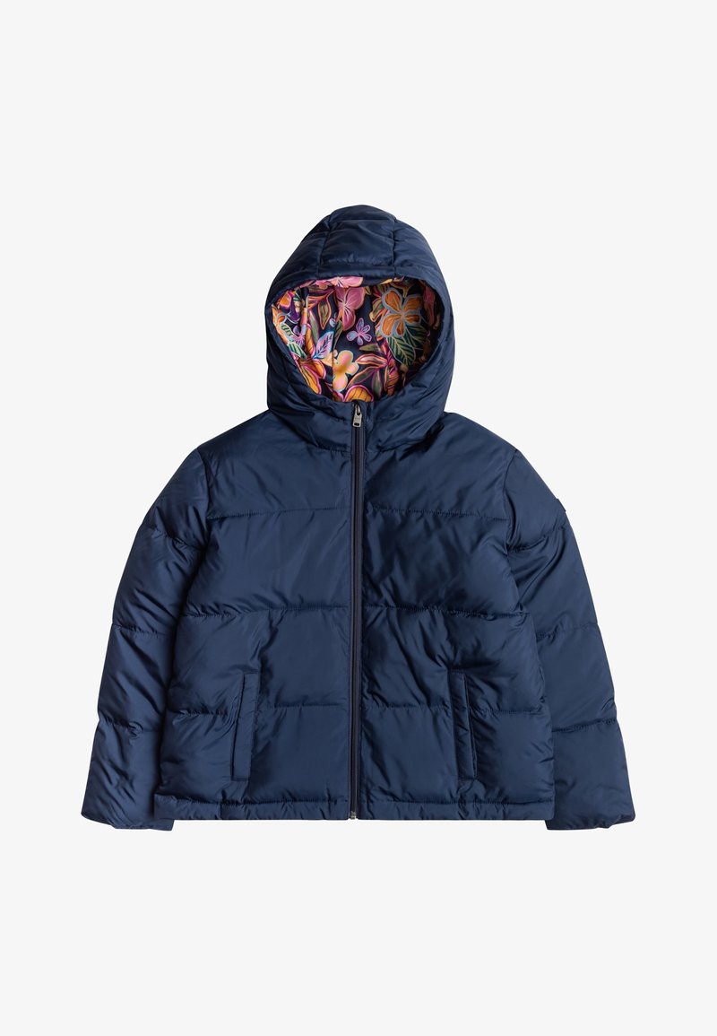 Giacca imbottita blu navy con cappuccio, dotata di chiusura con zip e fodera a motivo floreale. Include due tasche laterali e texture trapuntata.