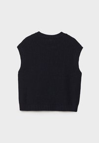 Gilet sans manches en maille noire avec col rond et bord-côte sur fond uni clair.