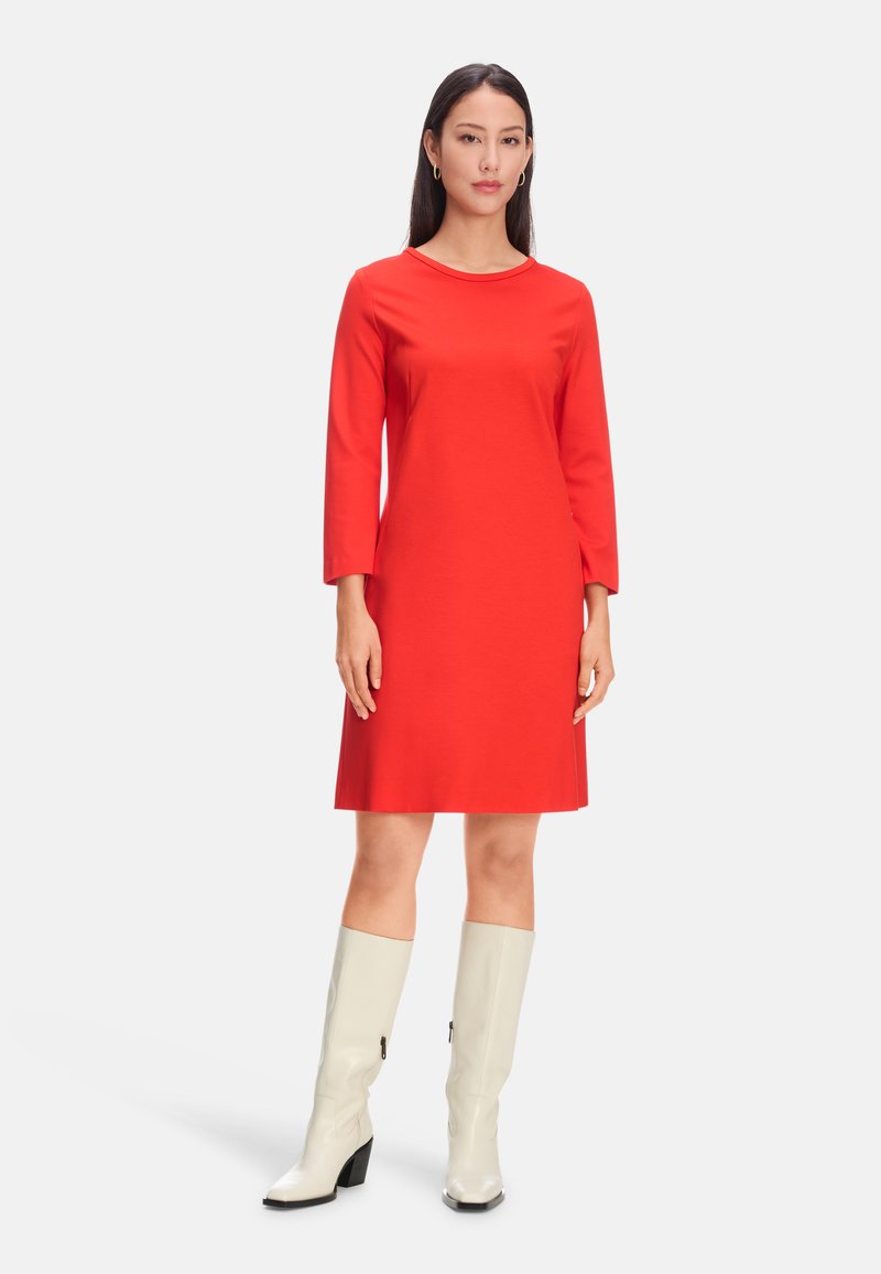 open lace back dress Marc Cain Flame Red Unicolour long dress with ruffled hem – Think Bubbles