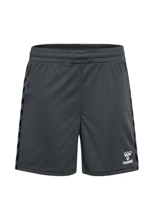 Sportsshorts i mørkegrå, lavet af letvægtsmateriale. Har en elastisk talje og sidelister med et logo nederst til højre.