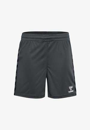 Pantalones cortos deportivos negros con cintura elástica y rayas laterales en patrón de chevrón, con un logo blanco de Hummel cerca del dobladillo.