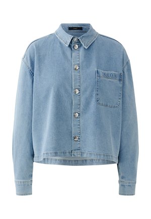 Light blue denim jacket with front buttons, long sleeves, collar, and chest pocket embroidered with "OUI OUI."