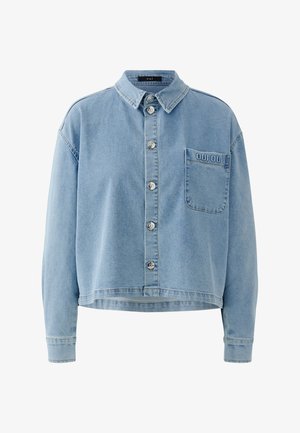 Light blue denim jacket with front buttons, long sleeves, collar, and chest pocket embroidered with "OUI OUI."