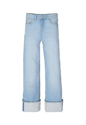 Jean en denim bleu clair à jambes larges, taille haute, ourlets retournés, avec un design à cinq poches. Doté d'une fermeture classique par bouton et fermeture éclair.