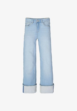 Lichtblauwe wijde jeans van denim met een hoge taille, omgeslagen pijpen en een ontwerp met vijf zakken. Voorzien van een klassieke knoop- en ritssluiting.