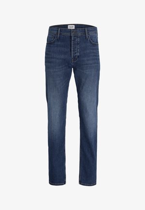 Dunkelblaue, gerade geschnittene Jeans aus Denim mit Fronttaschen, Gürtelschlaufen und Knopfverschluss.