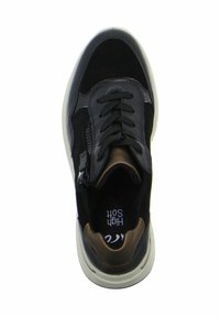 Black sneaker featuring a mixed material design with suede and synthetic accents, round toe, lace-up front, and a side zipper detail.