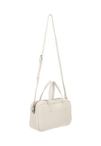 Fehér bőrből készült kézitáska, két fogóval, állítható vállpánttal, cipzáras záródással és sima textúrával. Minimalista, téglalap alakú dizájn jellemzi.