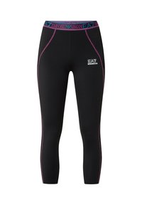 Leggings neri con texture liscia, caratterizzati da cuciture laterali rosa e una cintura elastica multicolore. Logo visibile sul davanti.