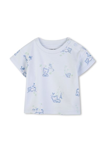 T-shirt blanc à manches courtes pour bébé avec des tigres de dessin animé bleus, du bambou, et des boutons sur l'épaule pour un habillage facile.