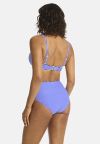 Costume da bagno a due pezzi a righe blu e bianche con spalline regolabili, chiusura con gancio sul retro e design del pannello alto.