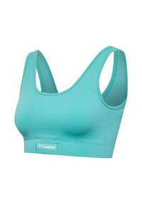 Türkisfarbiger nahtloser Sport-BH mit breiten Trägern und Rundhalsausschnitt, mit kleinem "hummel" Logo auf dem Bund.