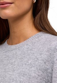 Hellgrauer Strickpullover mit rundem Ausschnitt, mit weicher Textur und geripptem Halsausschnitt, vor einem neutralen Hintergrund gezeigt.