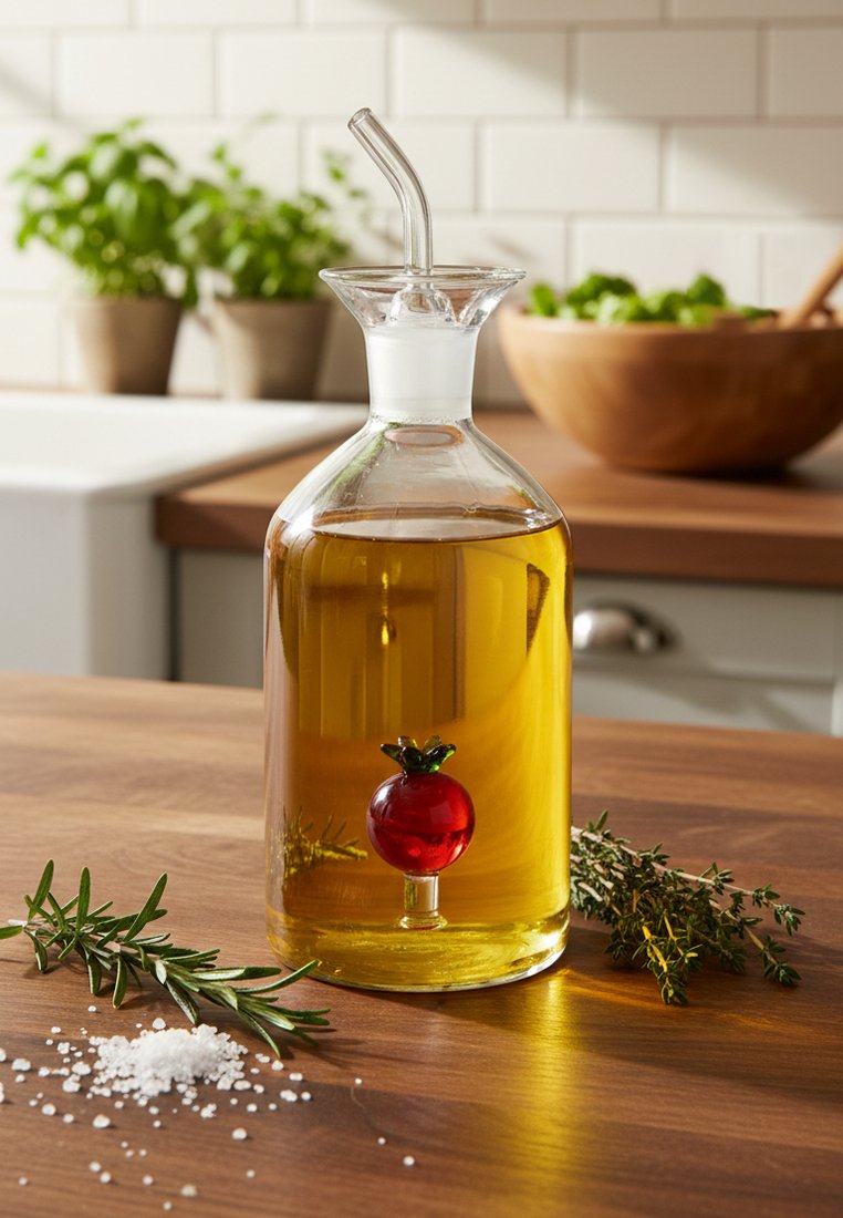 Szklana butelka z oliwą z oliwek i czerwonym korkiem pomidorowym na drewnianym stole, otoczona rozmarynem, tymiankiem i grubą solą w kuchennym otoczeniu.