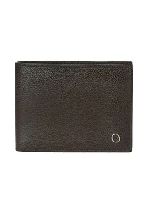 Portafoglio in pelle marrone scuro con superficie texturizzata, design a pieghe bi-facciali e piccolo dettaglio in metallo. Forma rettangolare compatta.
