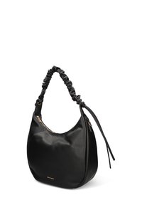 Sac à main en cuir noir avec un design souple, une anse froncée et des accents en métal doré. Doté d'une fermeture éclair et d'une finition texturée.